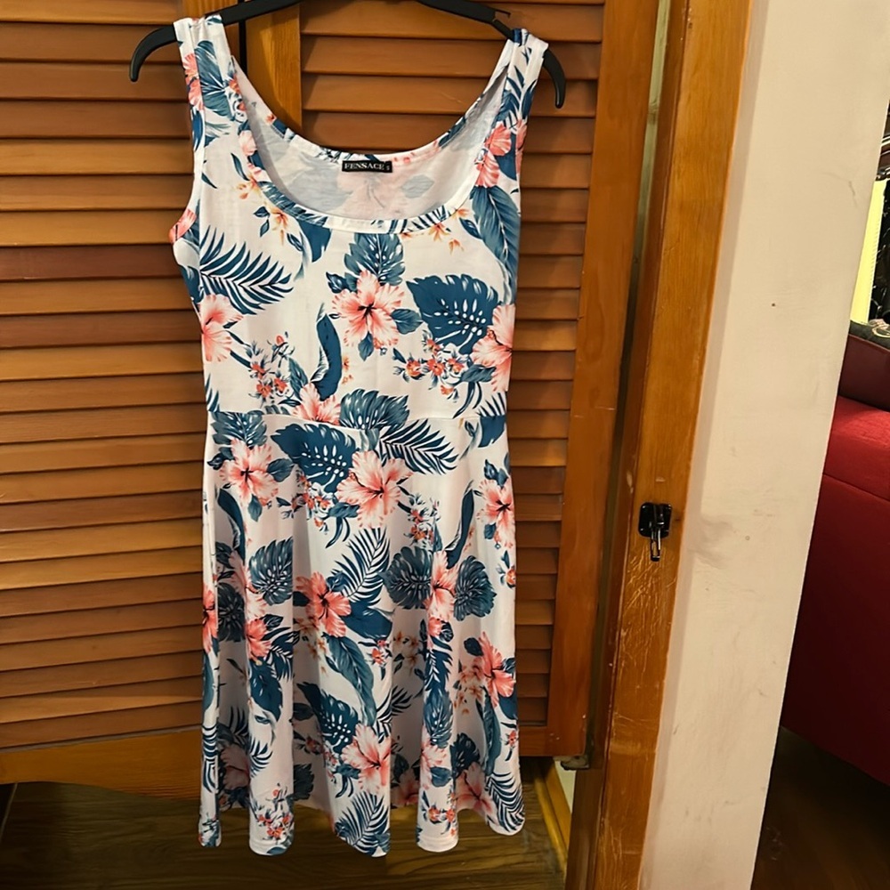 White Floral Tank Dress with Pink & Teal Print Small